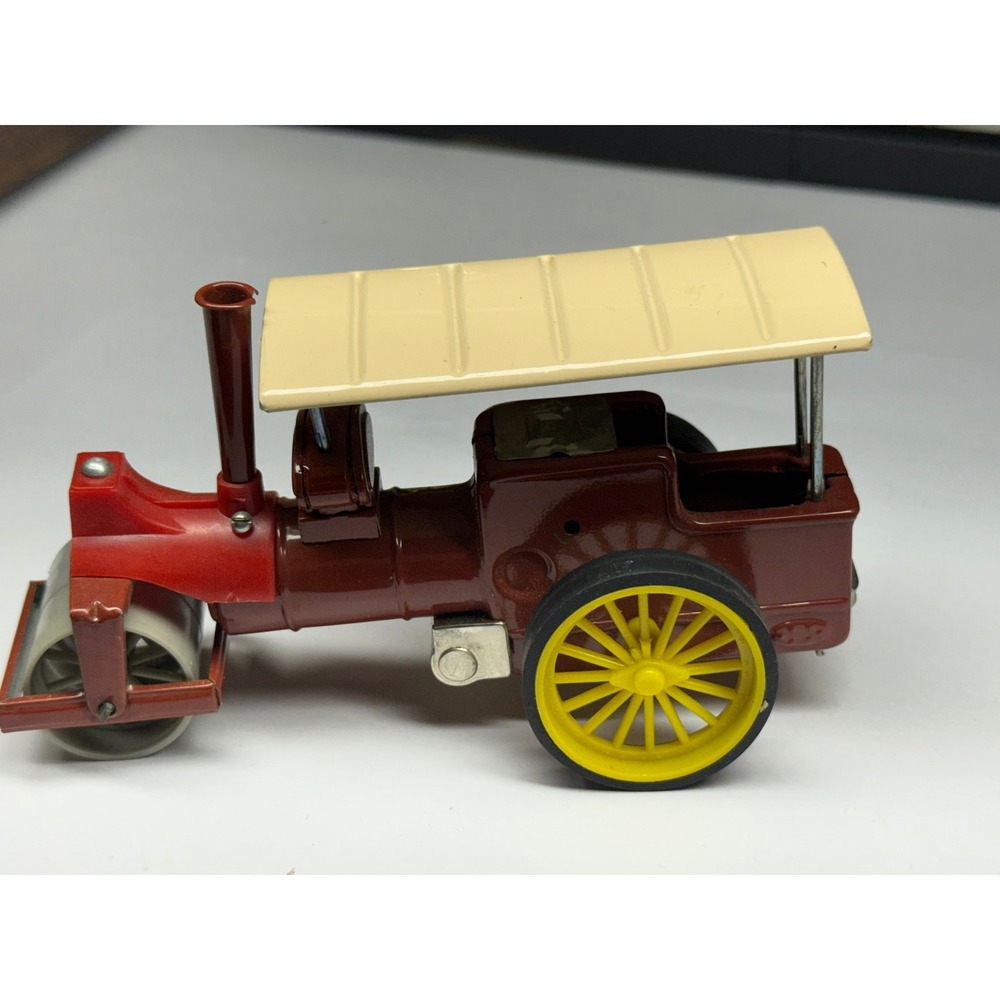 Vintage Diecast Steam Roller Model Maroon Red Yellow Construction Vehicle
